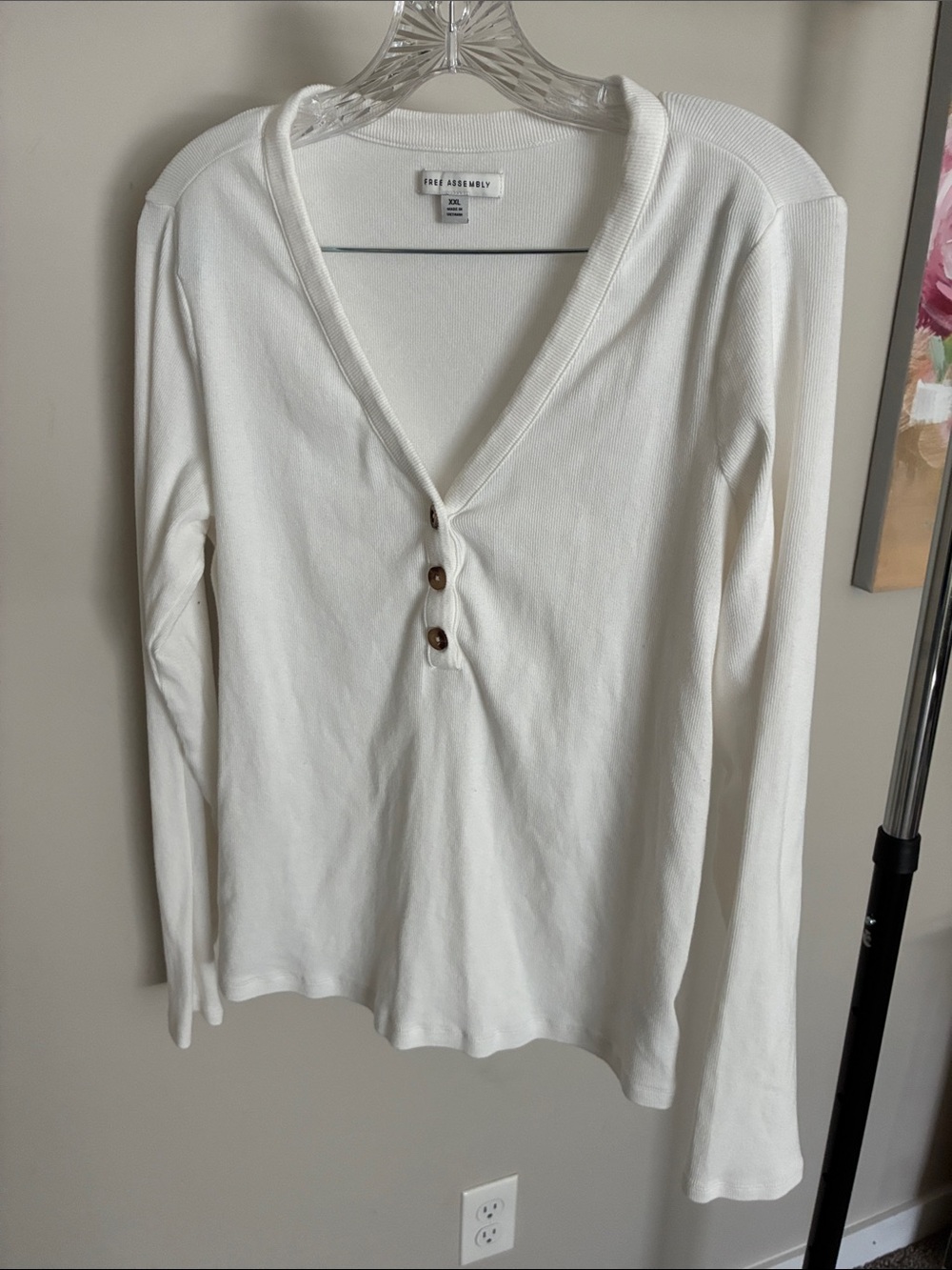 Free Assembly White Long-Sleeve Henley Top with Button Placket